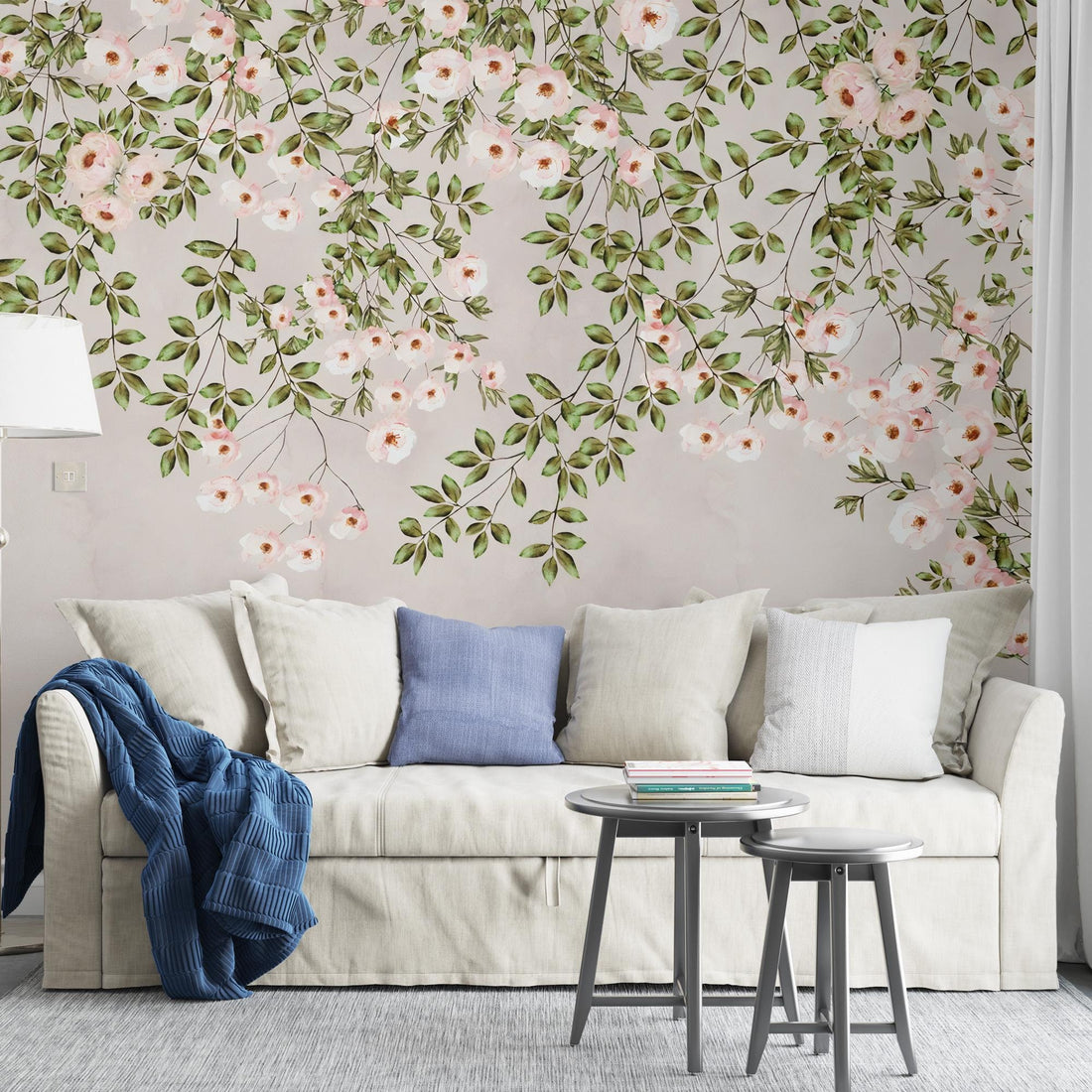 Hanging Leaves Wallpaper, Branches Wall Mural, Removable Fabric Wallpaper, Nursery Wallpaper, Watercolor Wallpaper, Home Decor