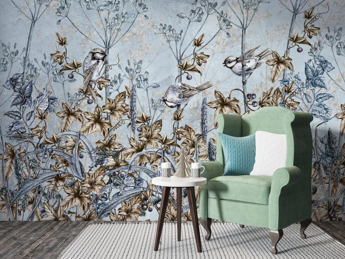 Bird and Floral Wallpaper, Blue Tropical  Wallpaper, Peel and Stick Mural, Home Decor, Vintage Print Wallpaper Mural, Rose Wallpaper