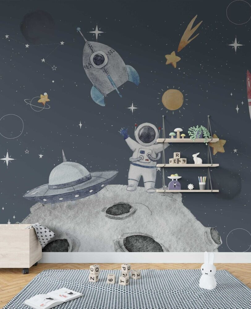 Spaceman Wallpaper, Peel and Stick Wallpaper, Space, Astronaut, Planets Wallpaper, Kids Wall Mural, Nursey Wall Decor