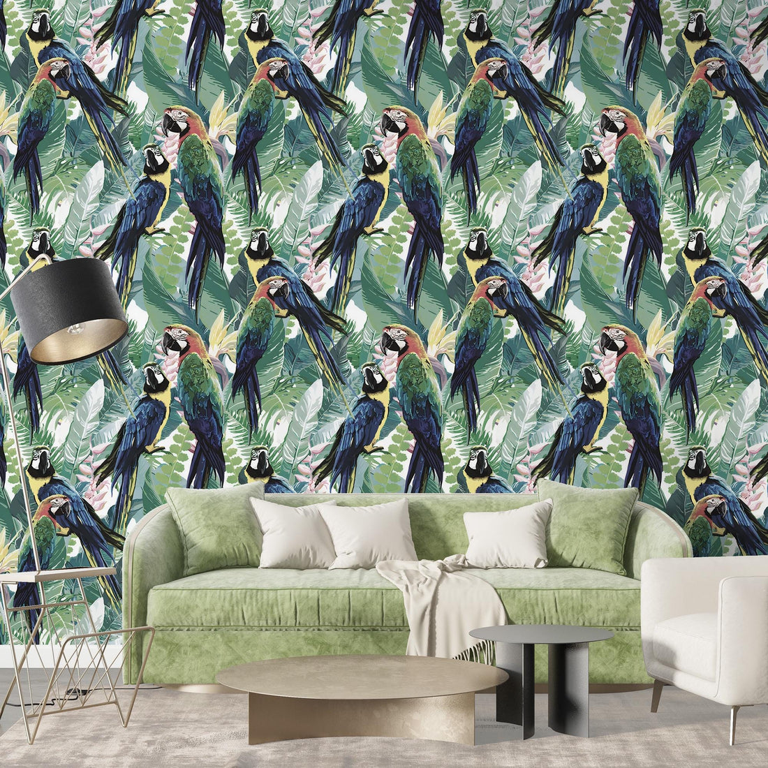 Parrots and Exotic Flowers Wallpaper, Green Leaf Wall Mural, Peel and Stick, Home Decor, Removable Wallpaper, Colorful Birds Wallpaper