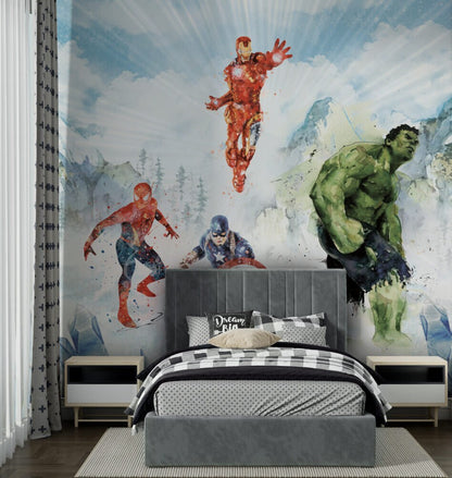 Superheroes Wallpaper ,Peel and Stick Wallpaper, Marvel Wallapaper, Watercolor  Mural , Nursery Mural, Kids Room Wall Poster, Kids Wall Art