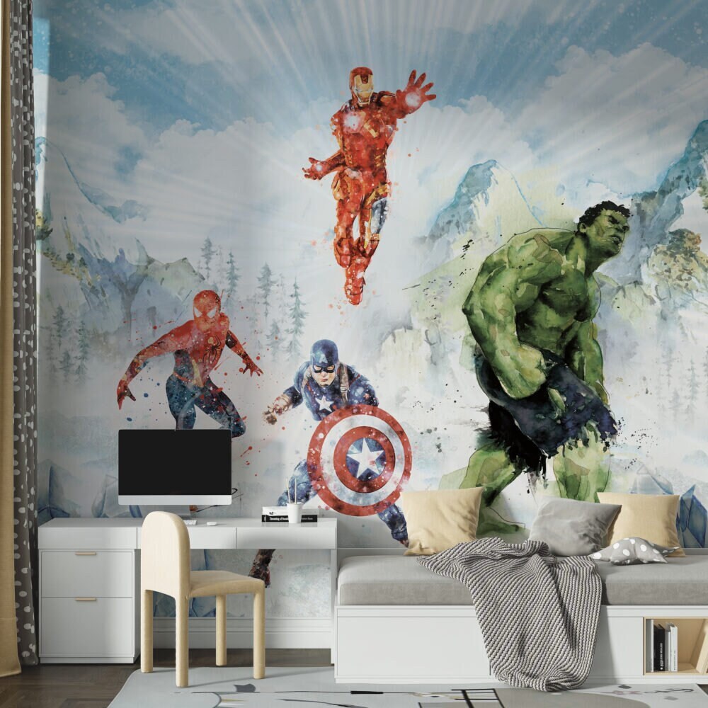 Superheroes Wallpaper ,Peel and Stick Wallpaper, Marvel Wallapaper, Watercolor  Mural , Nursery Mural, Kids Room Wall Poster, Kids Wall Art