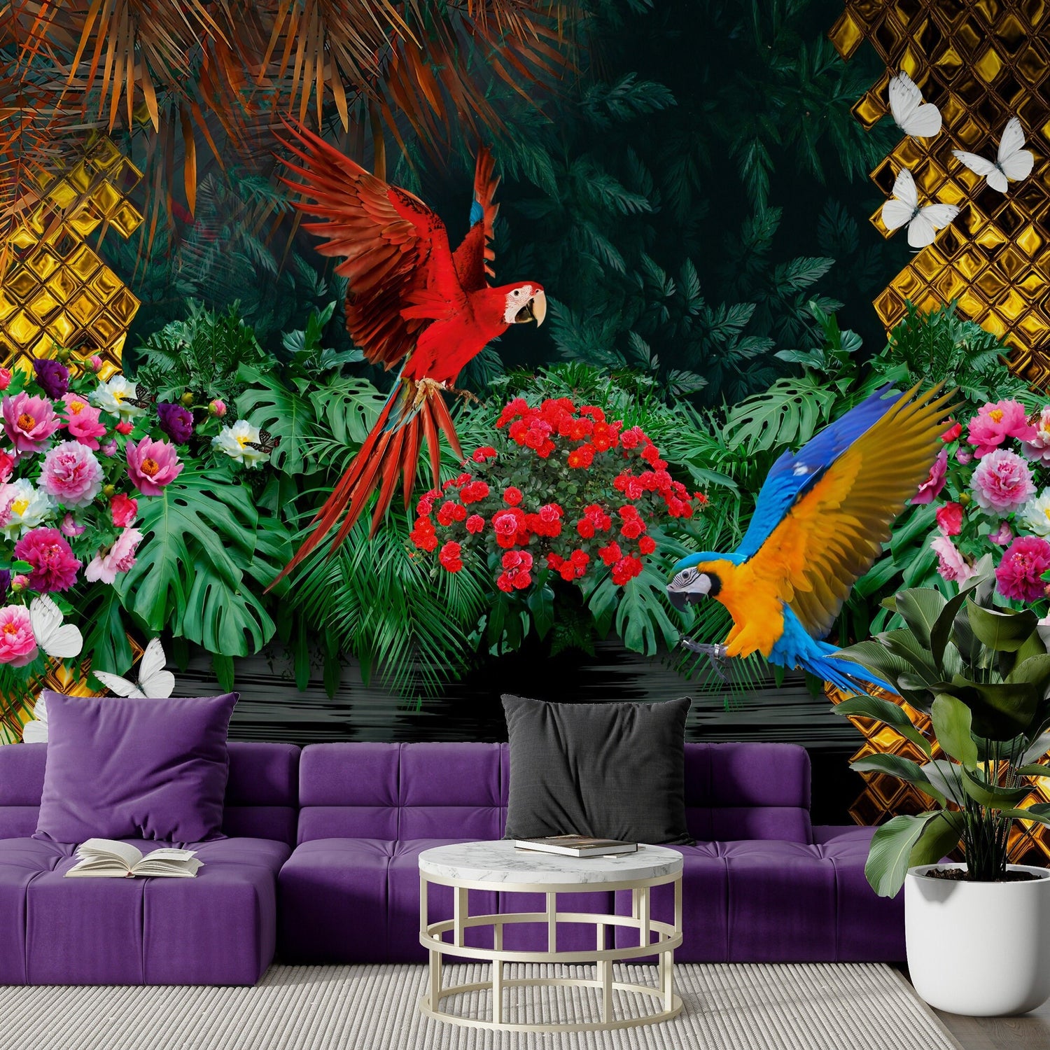 Tropical Colorful Flowers And Parrots Wallpaper, Flowers Pattern Mural, Tropical Landscape Wall Mural, Botanical Mural, Peel and Stick Mural