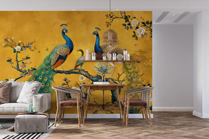 Double Peacocks Wallpaper, Birds on a Tree Branch Wallpaper, Chinoiserie Flowers and Birds Wallpaper, Peel and Stick Wallpaper, Asian Mural