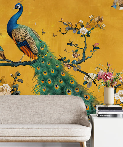 Double Peacocks Wallpaper, Birds on a Tree Branch Wallpaper, Chinoiserie Flowers and Birds Wallpaper, Peel and Stick Wallpaper, Asian Mural