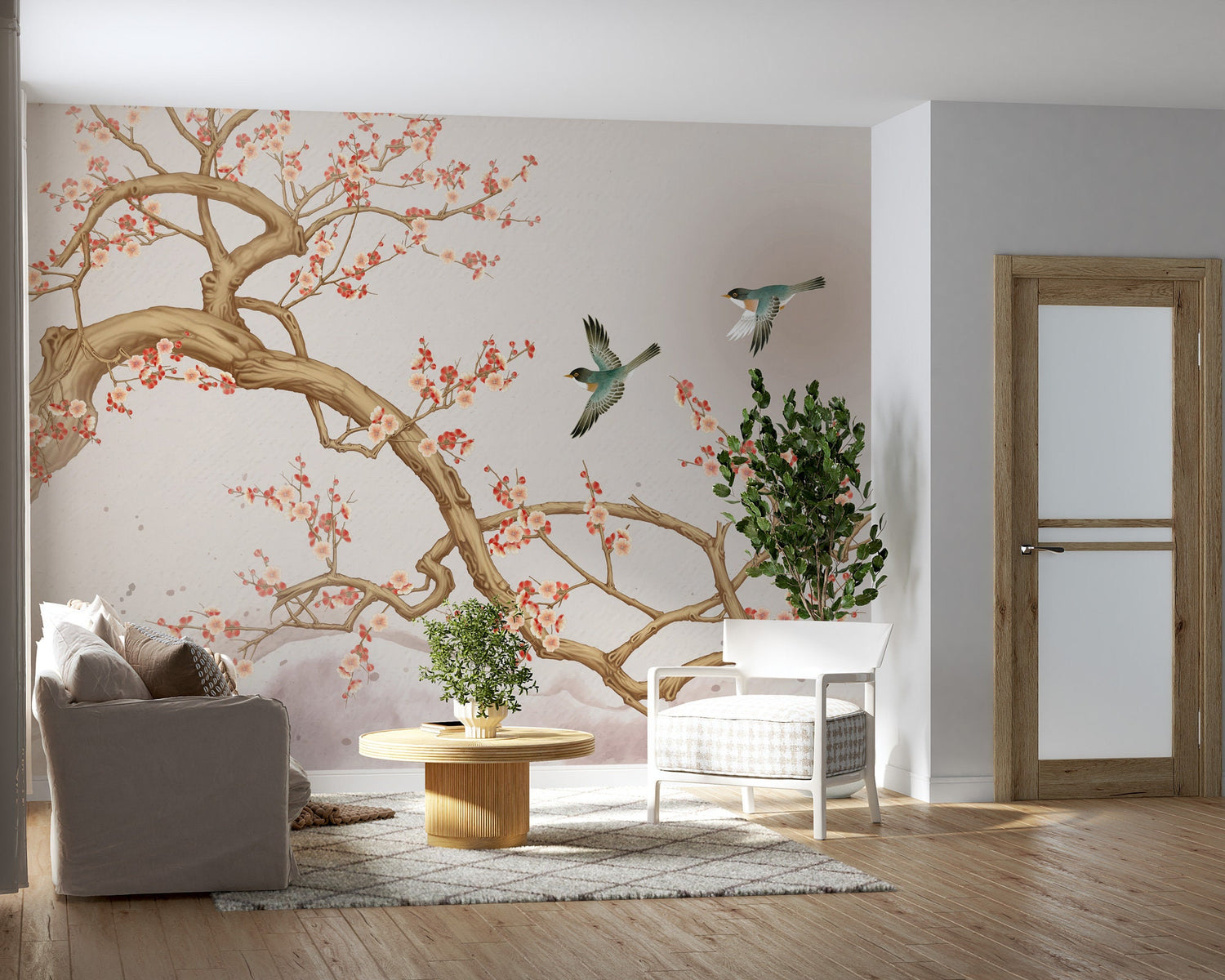 Sakura Flowering Tree and Birds Wallpaper, Birds on a Tree Branch Wallpaper, Chinoiserie Flowers Wallpaper, Peel and Stick Wallpaper