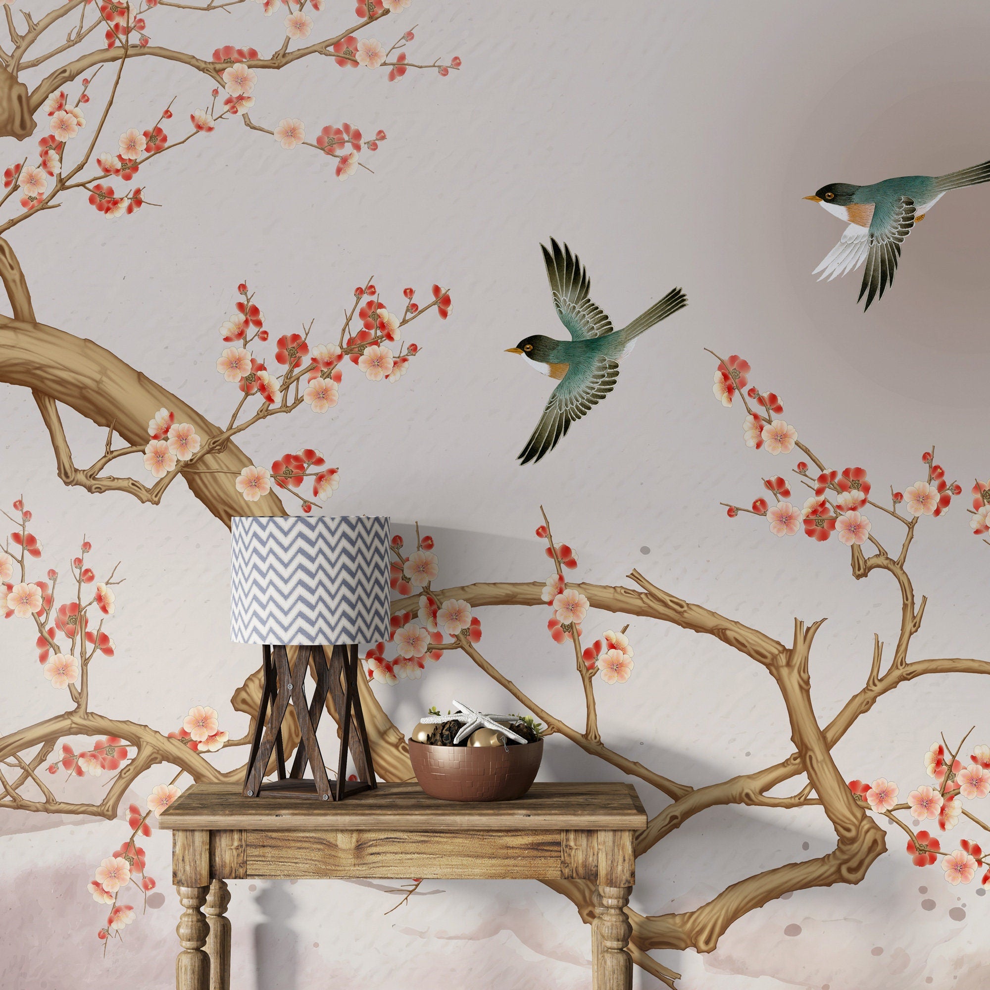 Sakura Flowering Tree and Birds Wallpaper, Birds on a Tree Branch Wallpaper, Chinoiserie Flowers Wallpaper, Peel and Stick Wallpaper