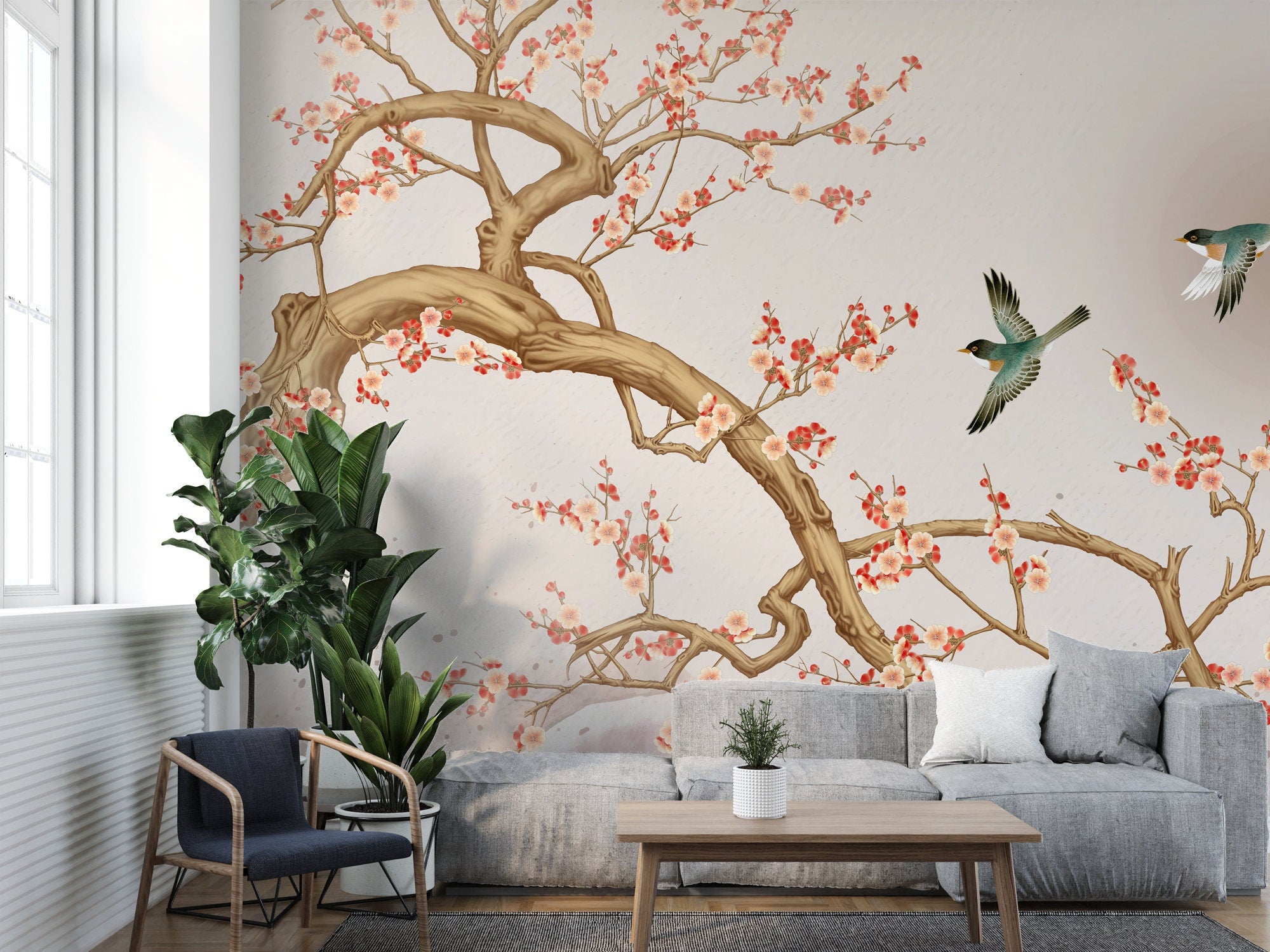 Sakura Flowering Tree and Birds Wallpaper, Birds on a Tree Branch Wallpaper, Chinoiserie Flowers Wallpaper, Peel and Stick Wallpaper