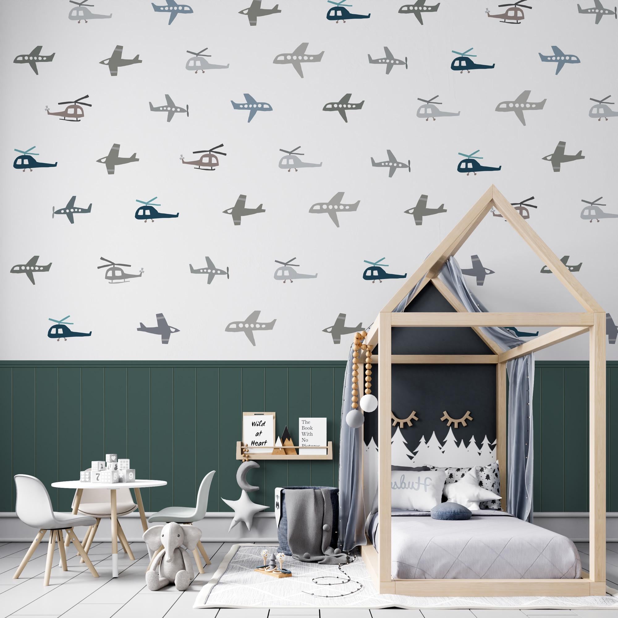 Airplane Wallpaper, Removable Peel And Stick, Kids Wall Stickers, Retro Helicopter Wall Mural, Nursery Room Decor, Playroom Wall Decal