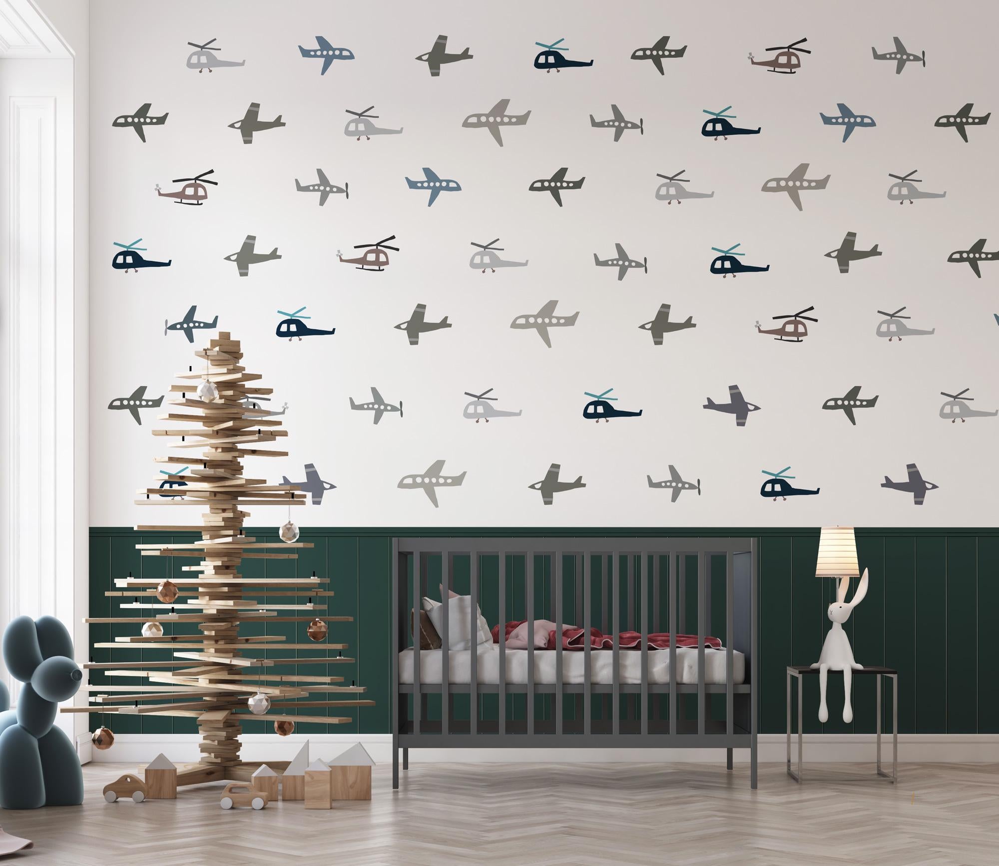 Airplane Wallpaper, Removable Peel And Stick, Kids Wall Stickers, Retro Helicopter Wall Mural, Nursery Room Decor, Playroom Wall Decal