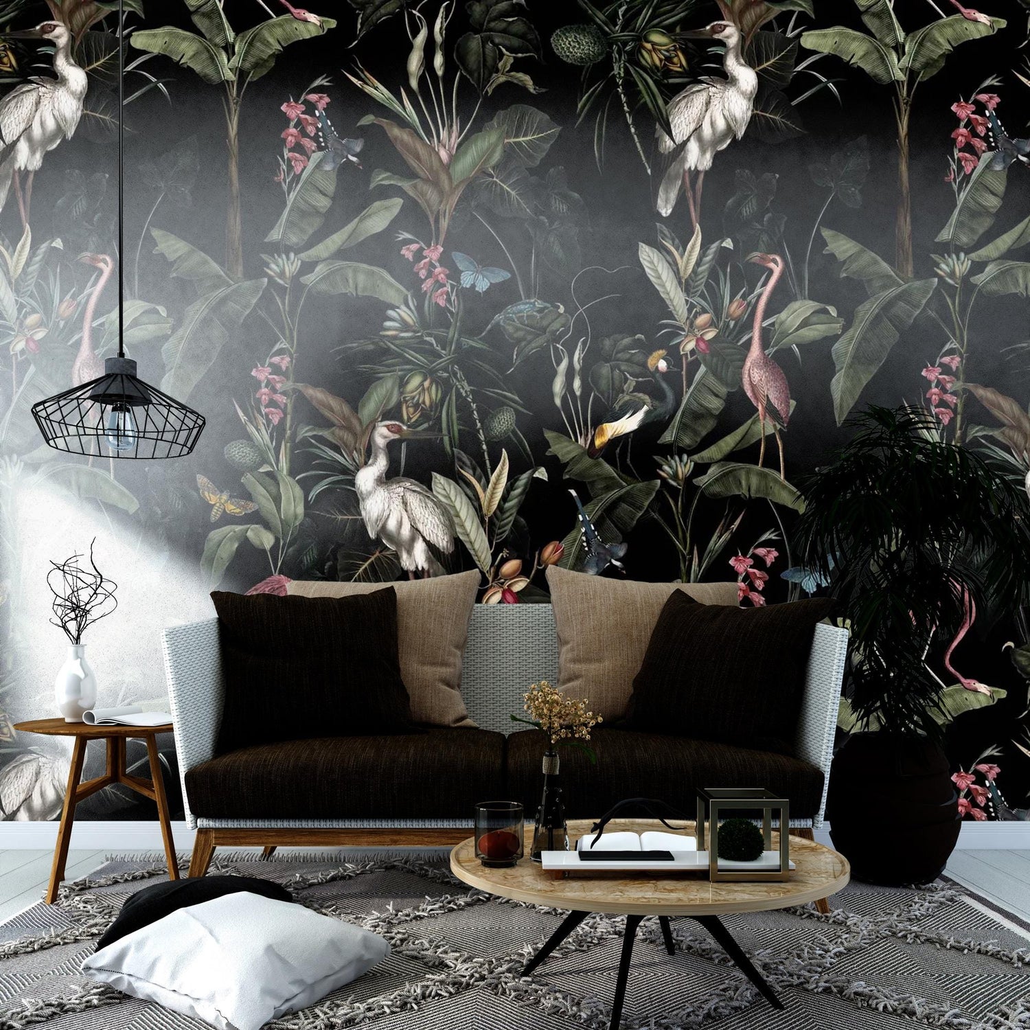 Dark Heron Wallpaper, Enchanted Night Garden Wallpaper, Tropical Bird Wallpaper, Peel and Stick Wall Mural, Removable Wallpaper