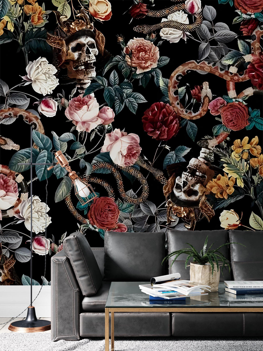 Skull and snakes dark floral wallpaper, Vintage flowers roses wallpaper, Peel and stick removable wallpaper, Art wall mural, Home decor