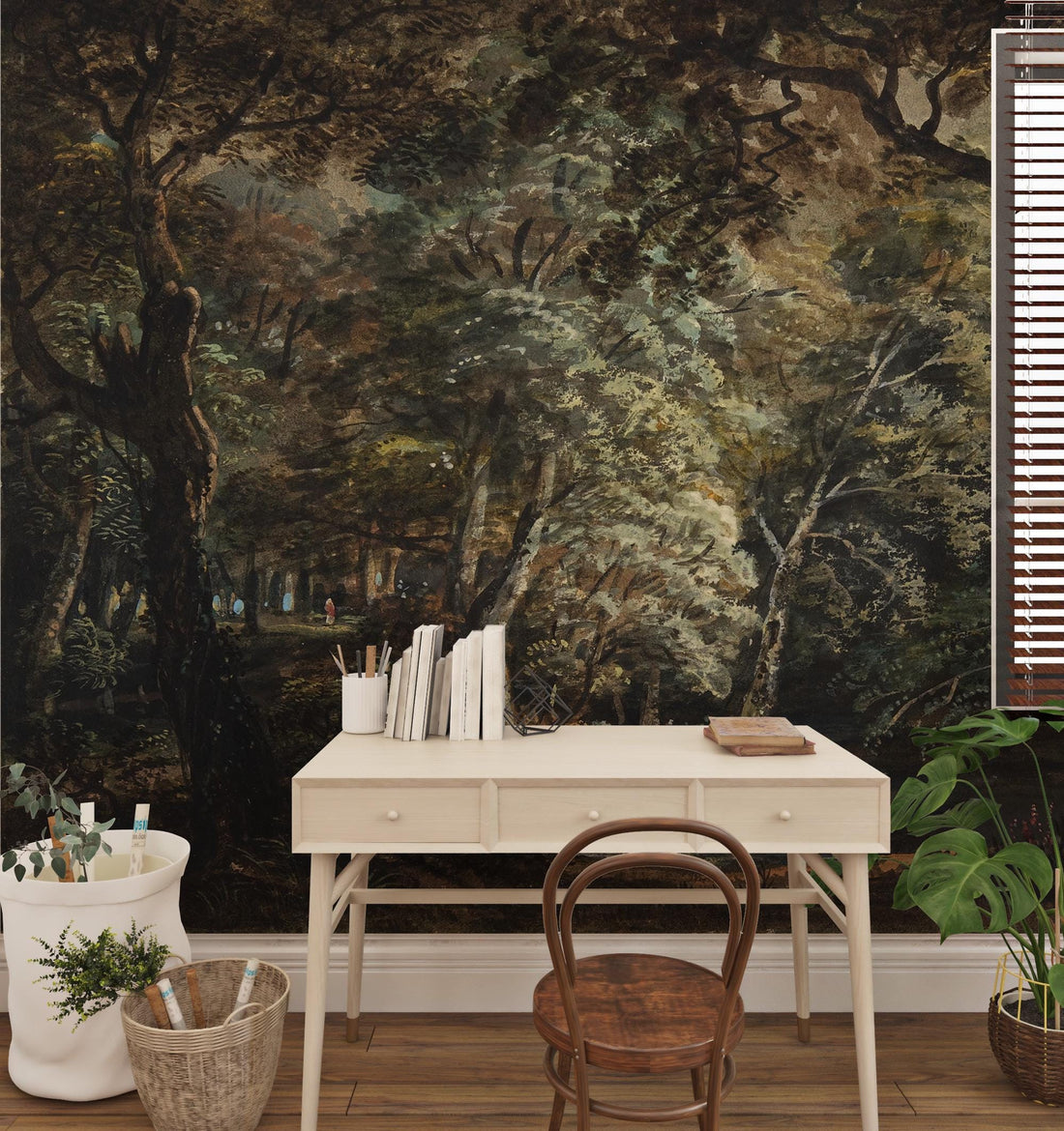 Dark Forest Landscape Wallpaper, Removable Wallpaper, Watercolor Painting Trees Wall Mural, Peel and Stick, Home Decor