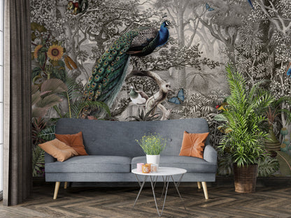 Peacock Birds on a Tree Branch Wallpaper, Home Decor Mural , Chinoiserie Flowers and Birds Wallpaper, Peel and Stick, Peacock Wallpaper