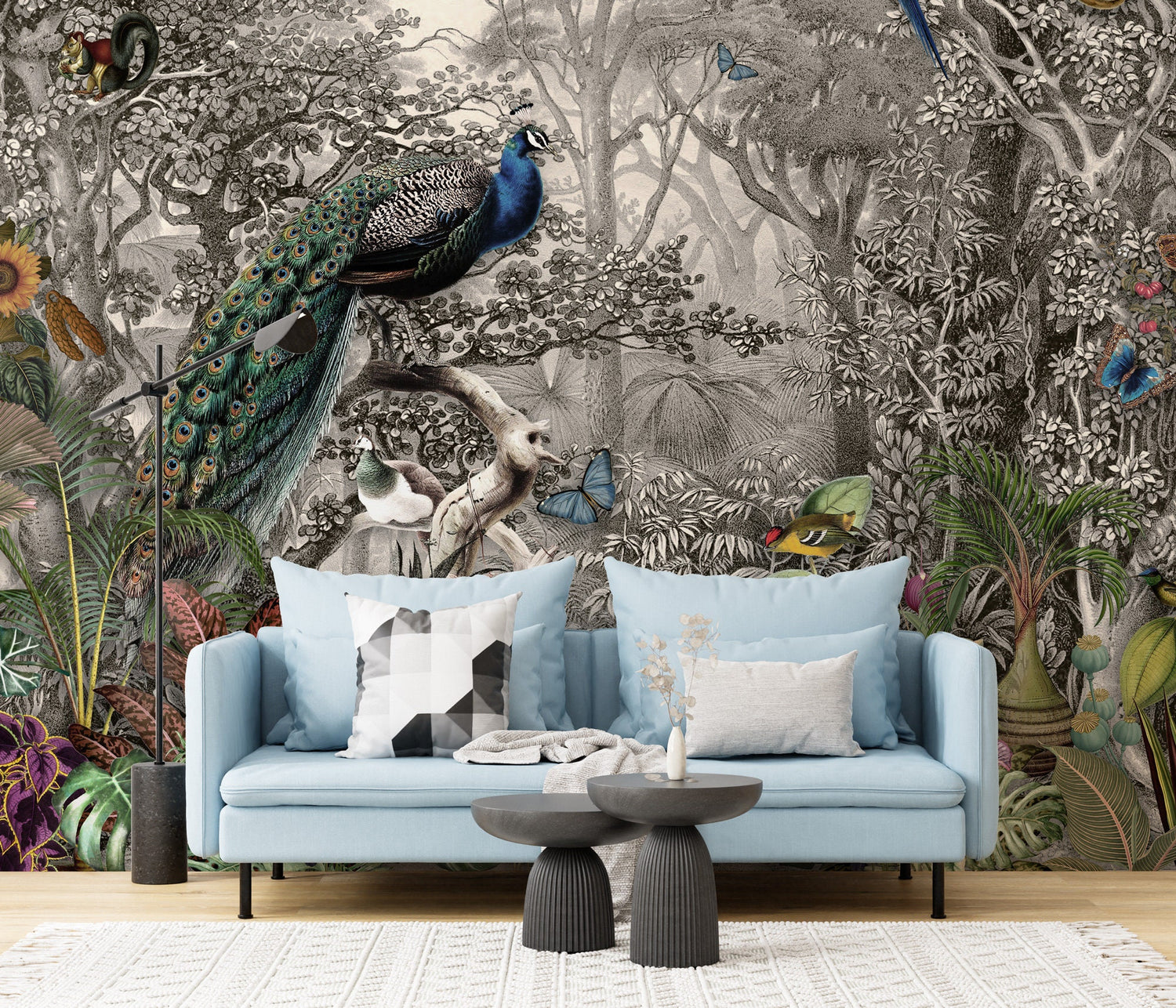 Peacock Birds on a Tree Branch Wallpaper, Home Decor Mural , Chinoiserie Flowers and Birds Wallpaper, Peel and Stick, Peacock Wallpaper