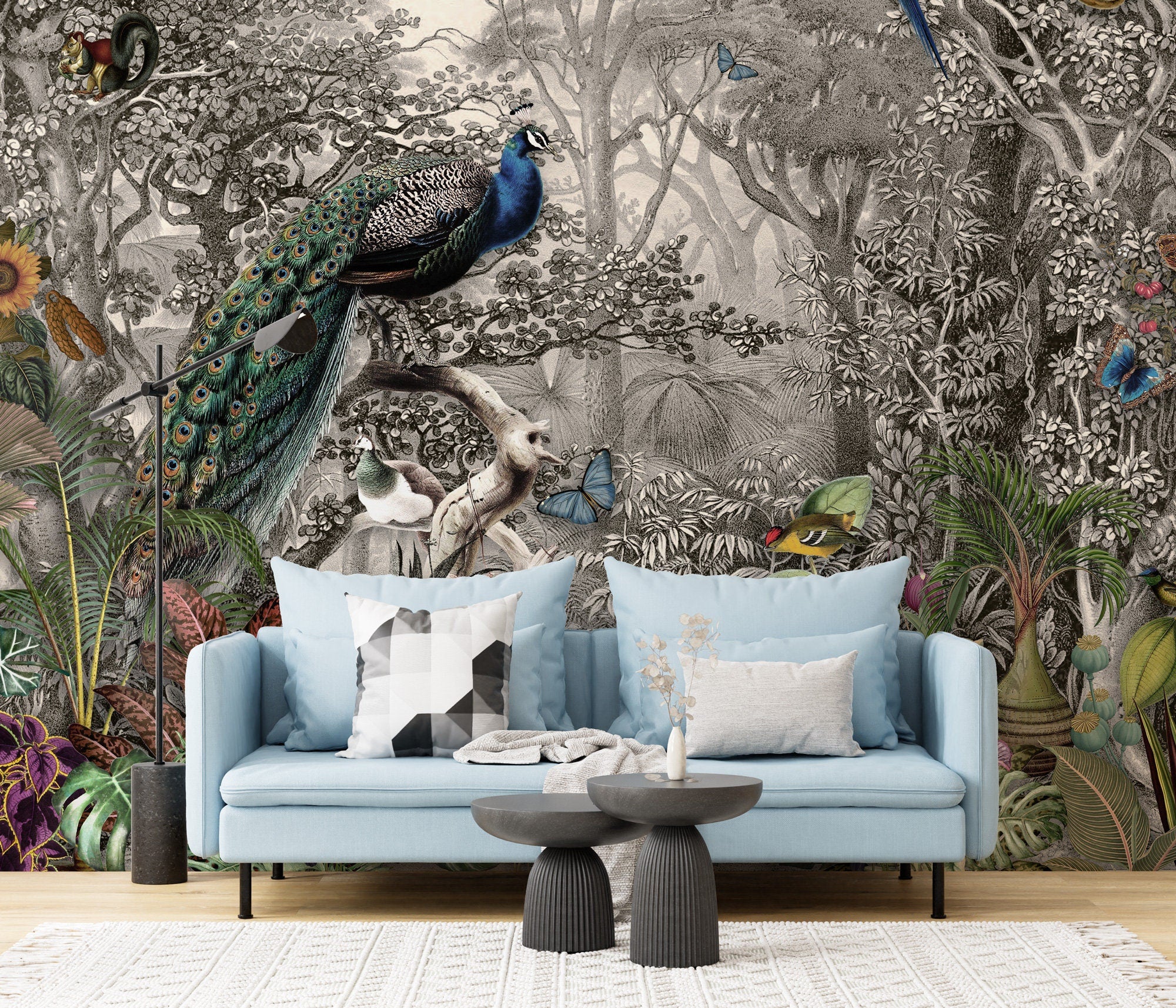 Peacock Birds on a Tree Branch Wallpaper, Home Decor Mural , Chinoiserie Flowers and Birds Wallpaper, Peel and Stick, Peacock Wallpaper