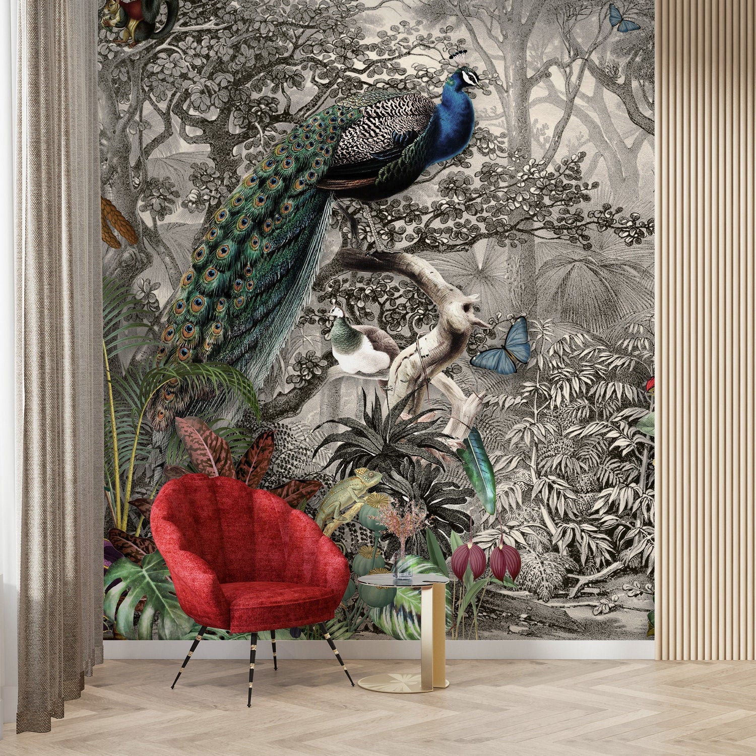 Peacock Birds on a Tree Branch Wallpaper, Home Decor Mural , Chinoiserie Flowers and Birds Wallpaper, Peel and Stick, Peacock Wallpaper