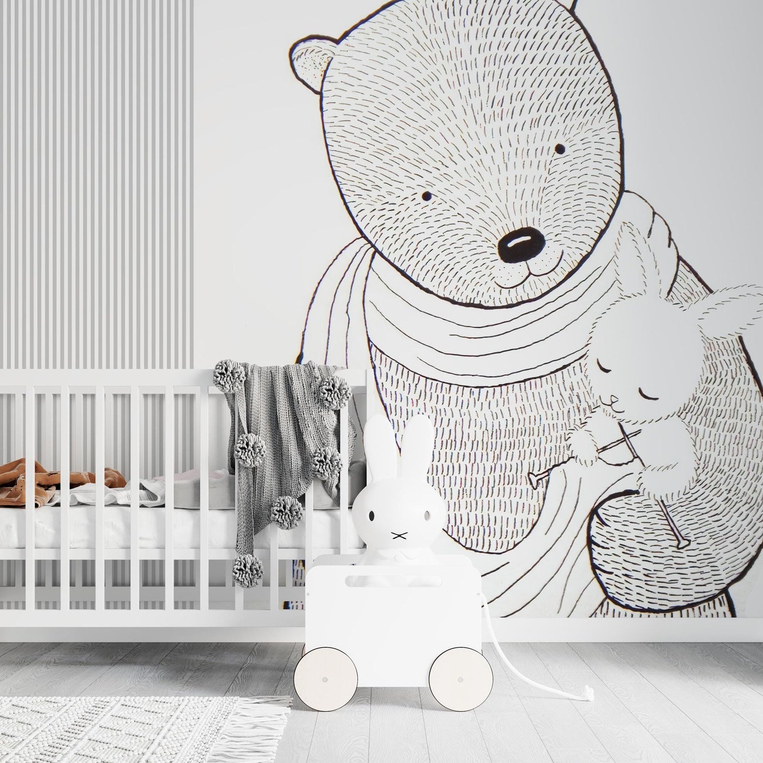 White Bear Kid Room Wallpaper, Striped wallpaper, Nursery Wall Mural, Self Adhesive, Removable, Wall Mural, Kids Room Decor