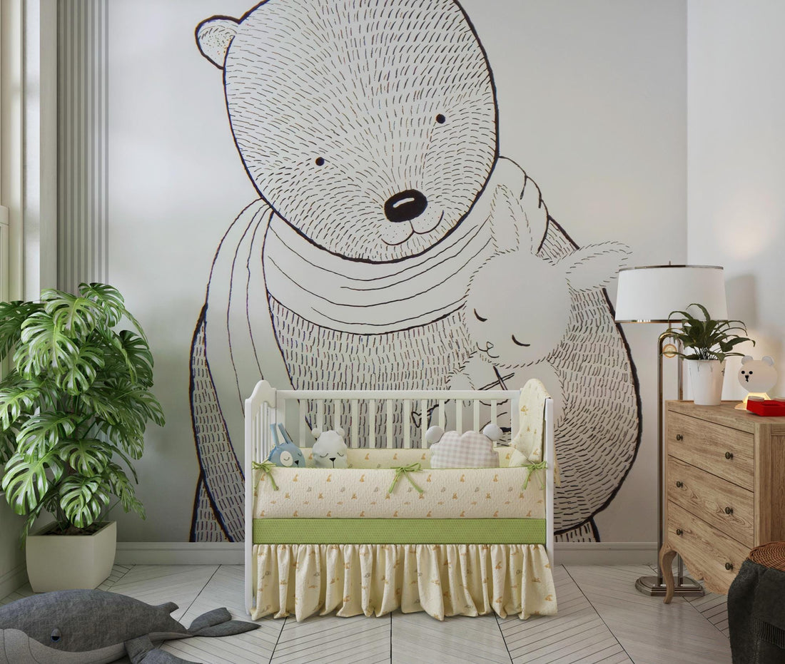 White Bear Kid Room Wallpaper, Striped wallpaper, Nursery Wall Mural, Self Adhesive, Removable, Wall Mural, Kids Room Decor