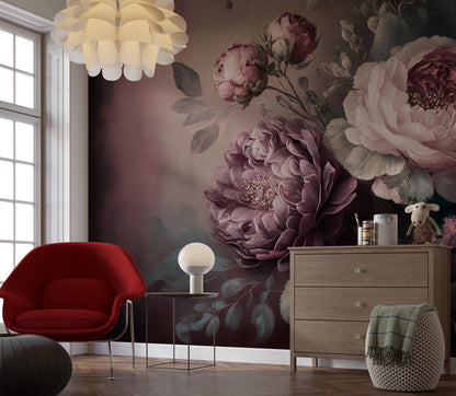 Bouquet of Piony Flowers on Dark Background Wallpaper, Big Rose Wall Mural, Modern Accent Wall Peel and Stick, Temporary Wallpaper