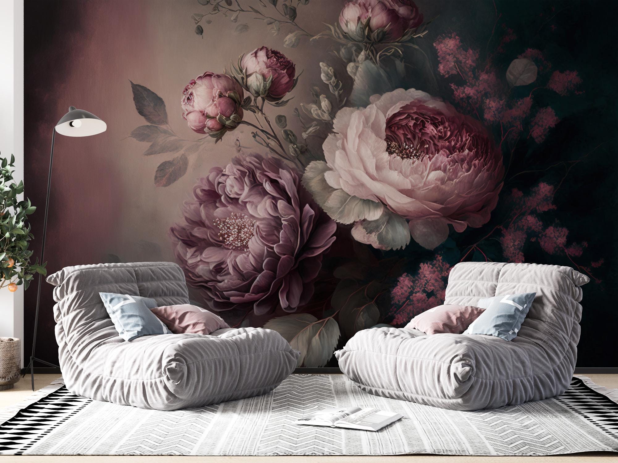 Bouquet of Piony Flowers on Dark Background Wallpaper, Big Rose Wall Mural, Modern Accent Wall Peel and Stick, Temporary Wallpaper