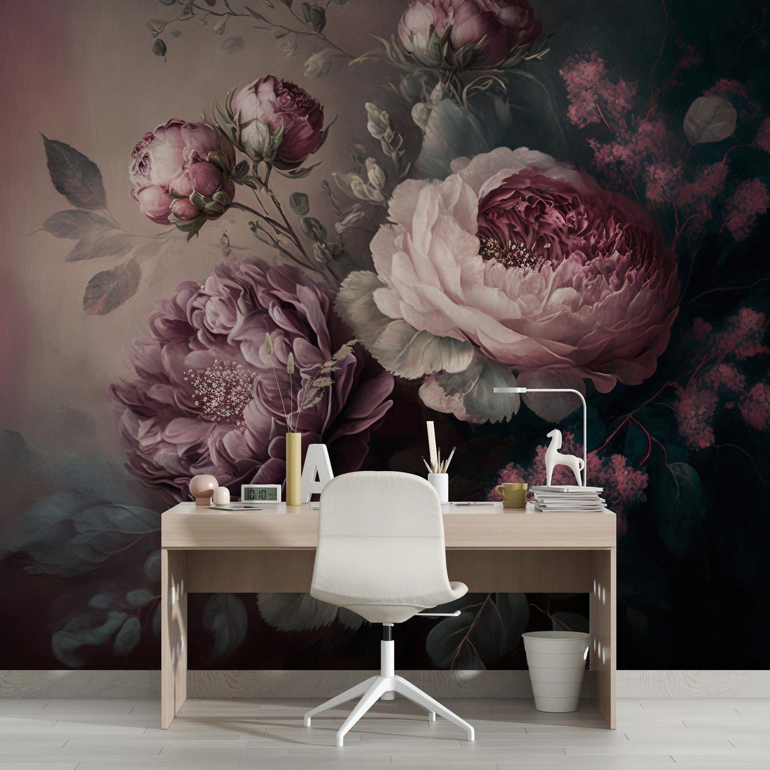 Bouquet of Piony Flowers on Dark Background Wallpaper, Big Rose Wall Mural, Modern Accent Wall Peel and Stick, Temporary Wallpaper