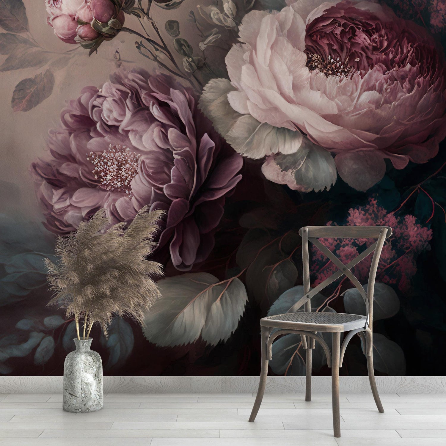 Bouquet of Piony Flowers on Dark Background Wallpaper, Big Rose Wall Mural, Modern Accent Wall Peel and Stick, Temporary Wallpaper