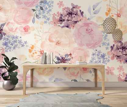 Rose Patterned Wallpaper in Pastel Colors, Peel and stick Wallpaper, Flower Bouquet Wallpaper, Watercolour Colourful Flowers Wallpaper