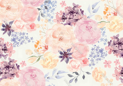 Rose Patterned Wallpaper in Pastel Colors, Peel and stick Wallpaper, Flower Bouquet Wallpaper, Watercolour Colourful Flowers Wallpaper