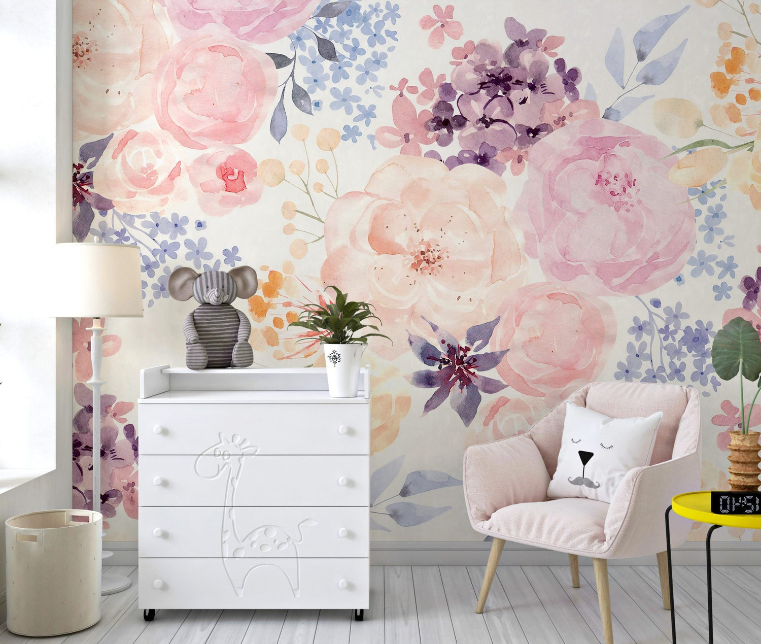 Rose Patterned Wallpaper in Pastel Colors, Peel and stick Wallpaper, Flower Bouquet Wallpaper, Watercolour Colourful Flowers Wallpaper