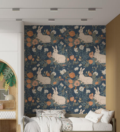 Rabbit Pattern Wallpaper, Removable Wallpaper, Peel and Stick Wallpaper, Blue Backround Floral Wall Mural, Nursery Room Decor