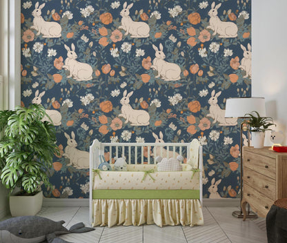 Rabbit Pattern Wallpaper, Removable Wallpaper, Peel and Stick Wallpaper, Blue Backround Floral Wall Mural, Nursery Room Decor