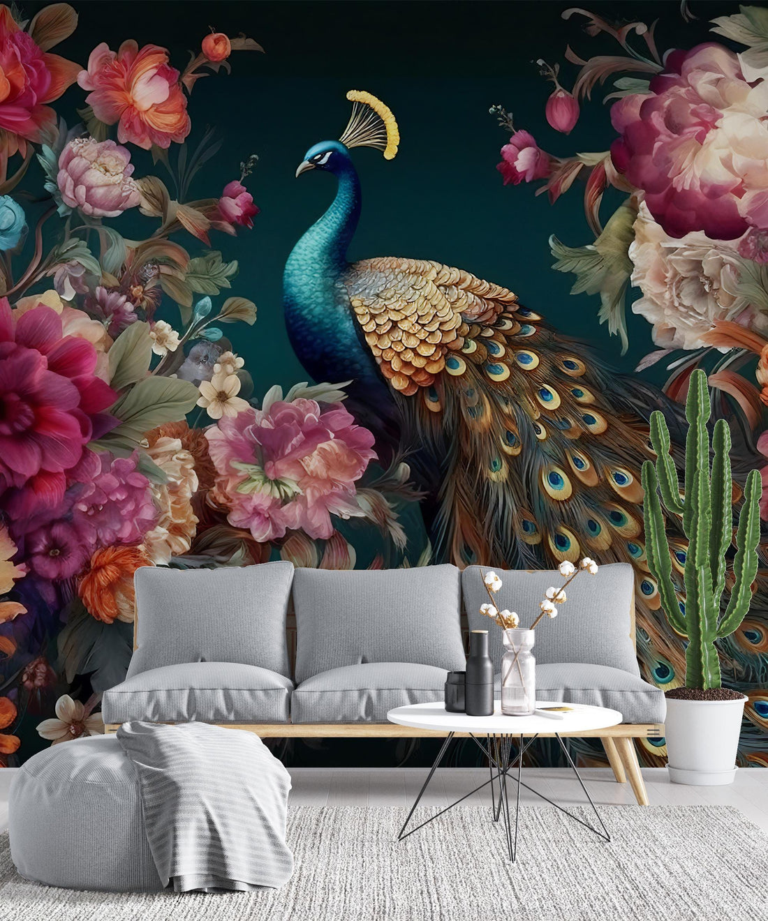 Peacock Blue Wallpaper, Chinoiserie Flower, Big Rose Wall Mural Peel and Stick, Home Decor, Vintage Wallpaper, Restaurant Wall Decor