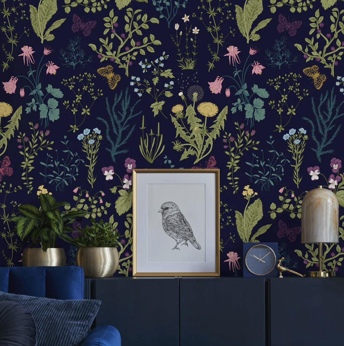 Navy Blue Herbs Floral Wallpaper, Vintage Leaf Pattern, Botanical Peel and Stick Wallpaper, Removable or Traditional Wallpaper, Home Decor