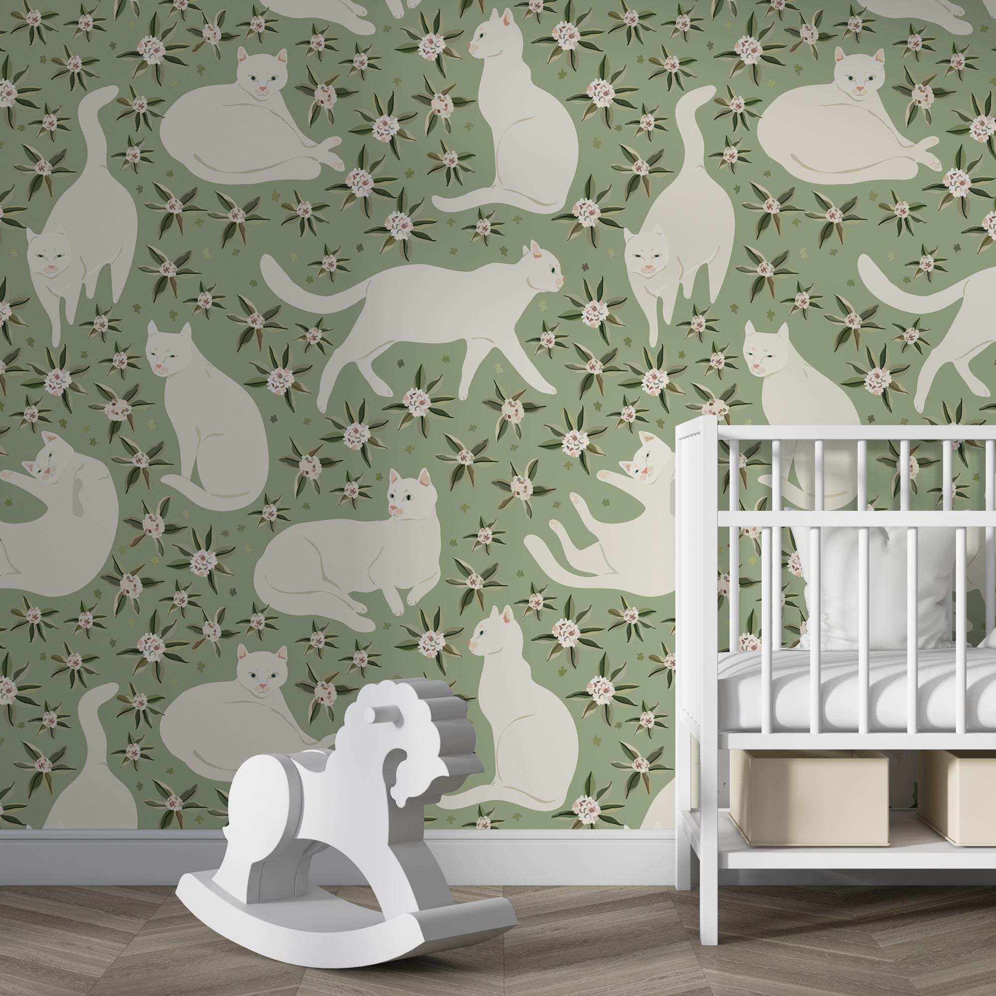 Wallpaper Cats on the Green, Cute Cat Wall Mural, Nursery Room Decor, Peel and Stick Wallpaper, Kids Wallpaper, Baby Room Wallpaper