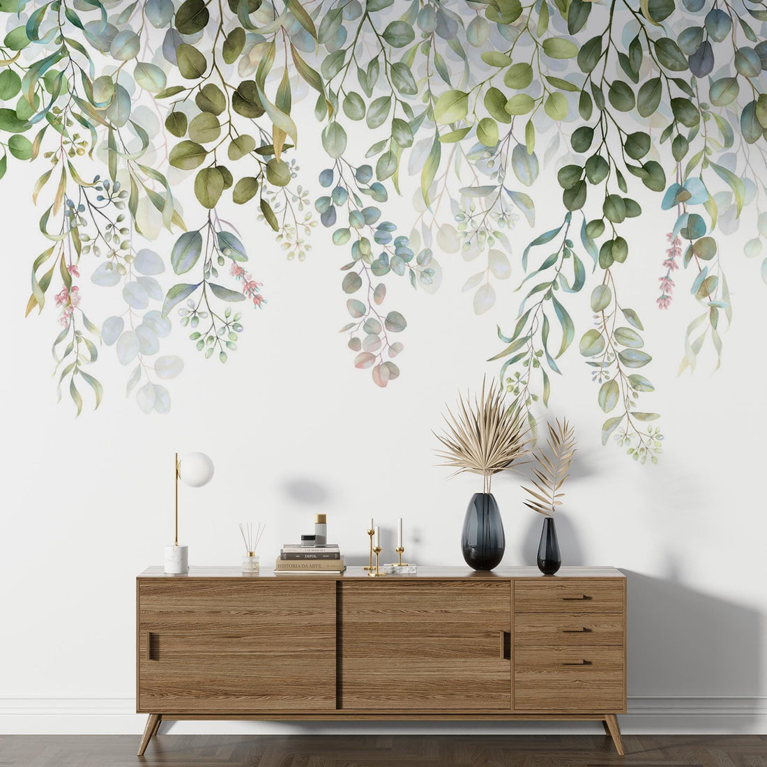 Watercolor Floral Peel and Stick Wallpaper, Spring Flower Leaves Mural, Customizable Wallpaper, Romantic Bedroom Wall Decor, Green Leaves