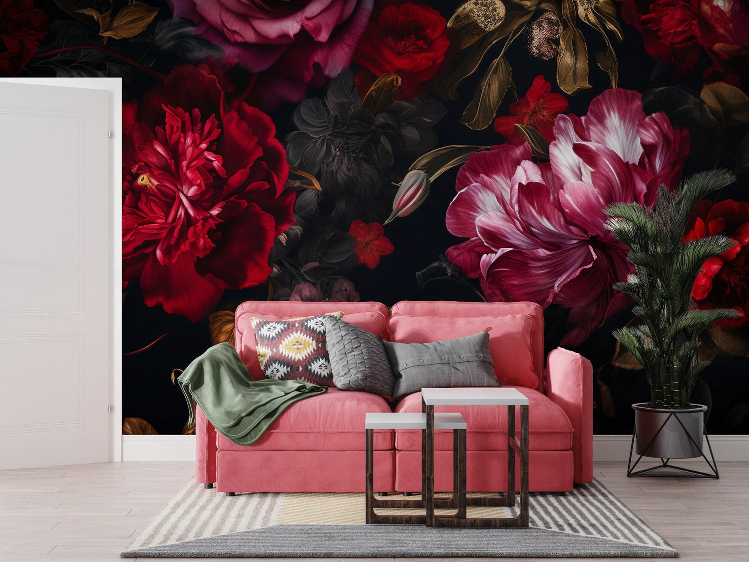 Dark Floral Wallpaper,  Peel &amp; stick Wallpaper, Big Red Roses Wall Mural, Living Room Mural,  For Bedroom Wallpaper, Peony and Roses Mural