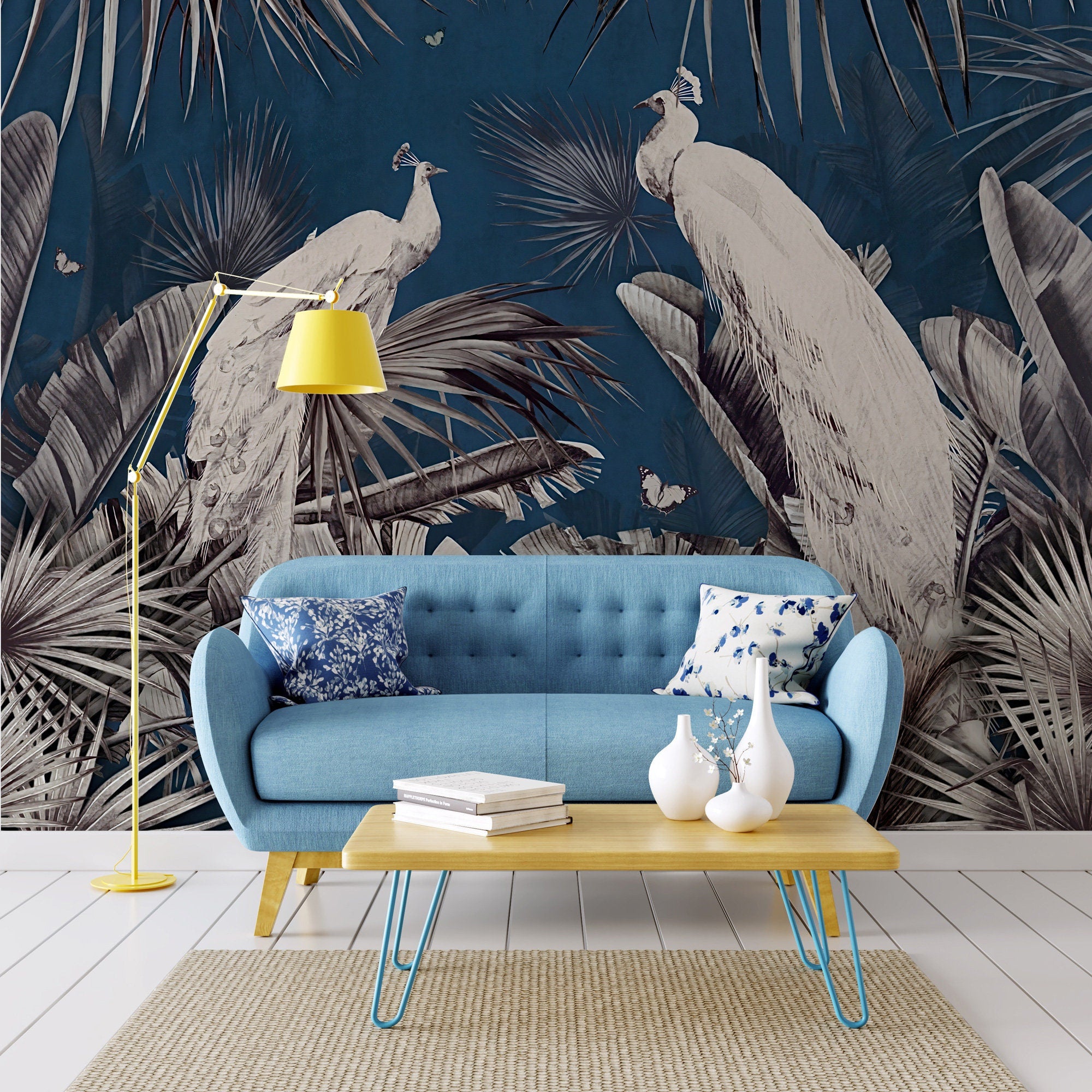 Peacocks in Tropical Forest Wallpaper, Peel &amp; stick Wallpaper, Tropical Birds on Blue Background Mural, Birds Wallpaper With Tropical Leaf