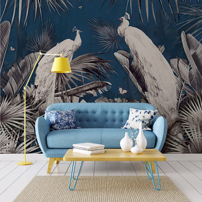 Peacocks in Tropical Forest Wallpaper, Peel &amp; stick Wallpaper, Tropical Birds on Blue Background Mural, Birds Wallpaper With Tropical Leaf