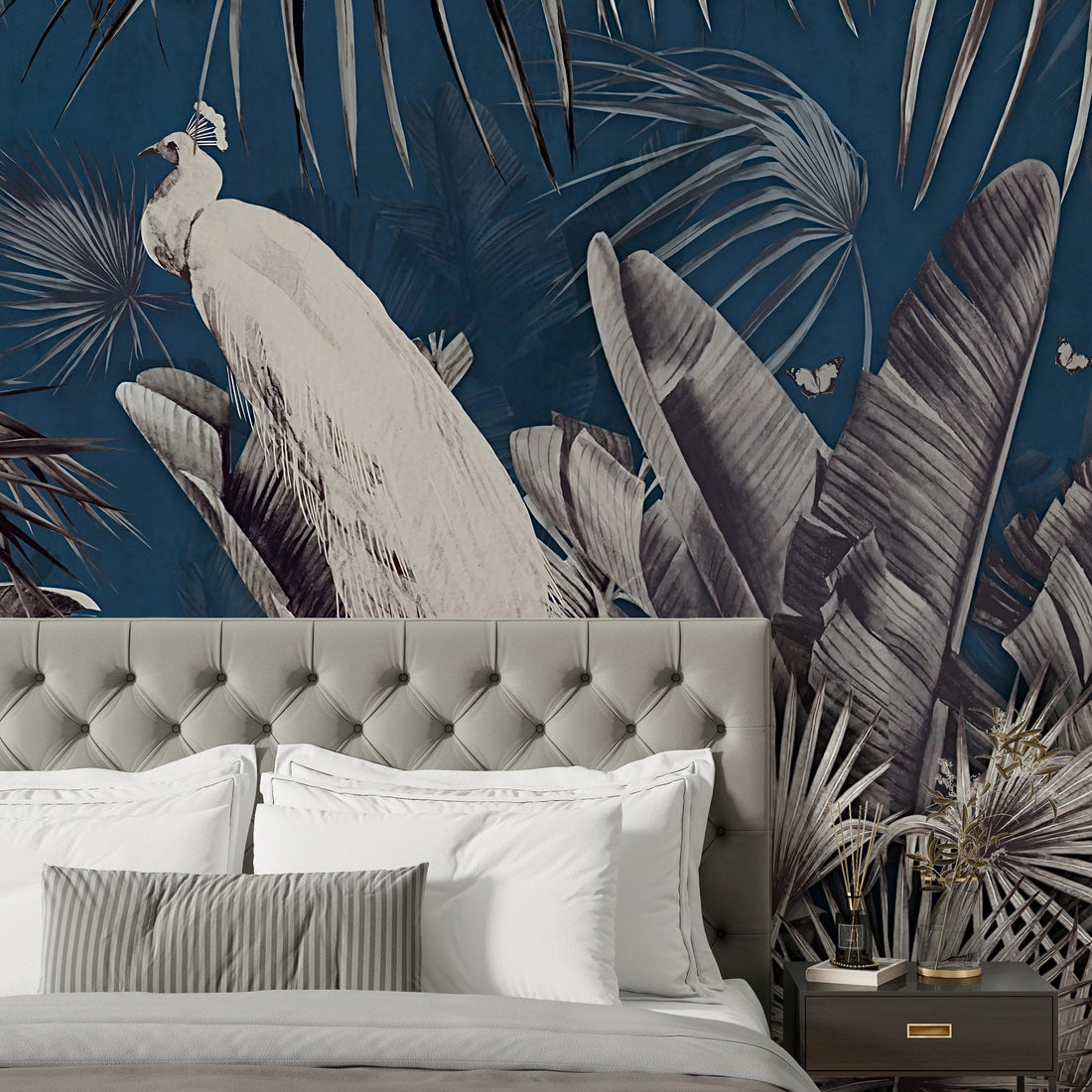 Peacocks in Tropical Forest Wallpaper, Peel &amp; stick Wallpaper, Tropical Birds on Blue Background Mural, Birds Wallpaper With Tropical Leaf