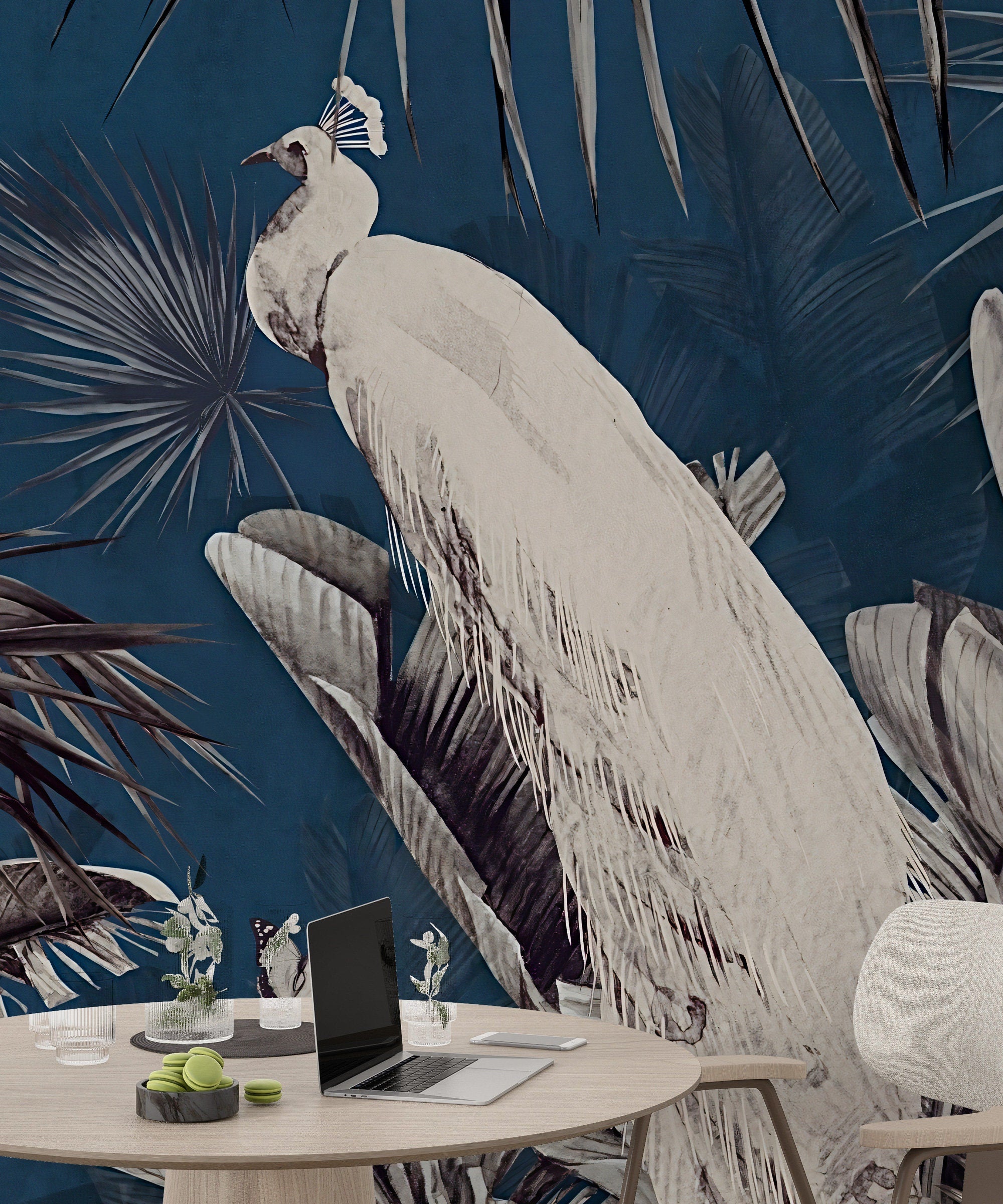 Peacocks in Tropical Forest Wallpaper, Peel &amp; stick Wallpaper, Tropical Birds on Blue Background Mural, Birds Wallpaper With Tropical Leaf