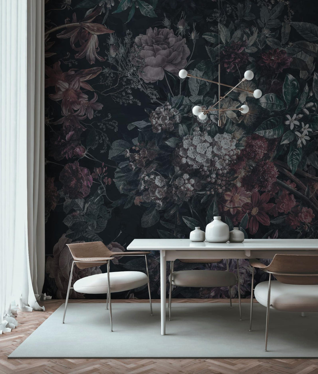 Dark Floral Wallpaper, Texture Peel and Stick Mural, Home Decor, Vintage Botanical Dark Print Wallpaper Mural, Black Rose Wallpaper