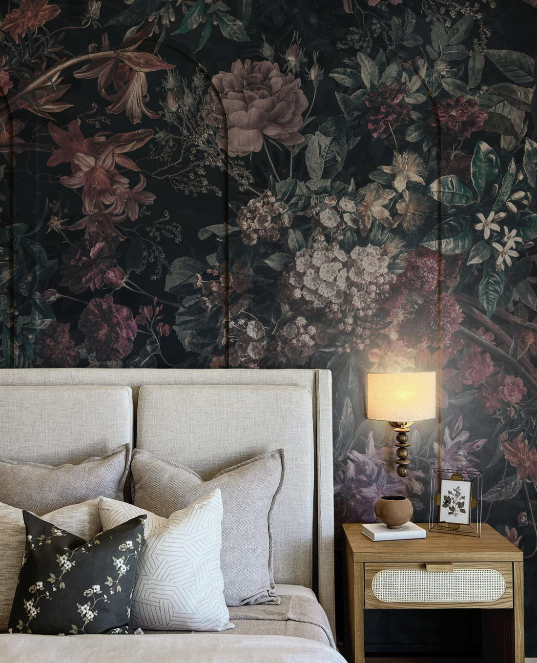 Dark Floral Wallpaper, Texture Peel and Stick Mural, Home Decor, Vintage Botanical Dark Print Wallpaper Mural, Black Rose Wallpaper