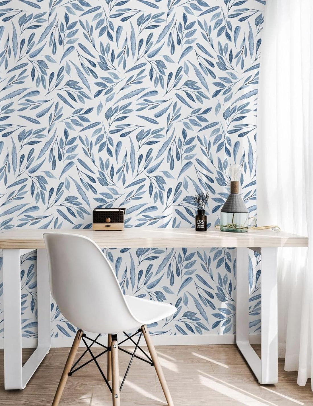 Seamless Floral Pattern Wallpaper, Watercolor Navy Blue Branches Wall Mural, Peel And Stick, Living Room Decor, Removable Wallpaper