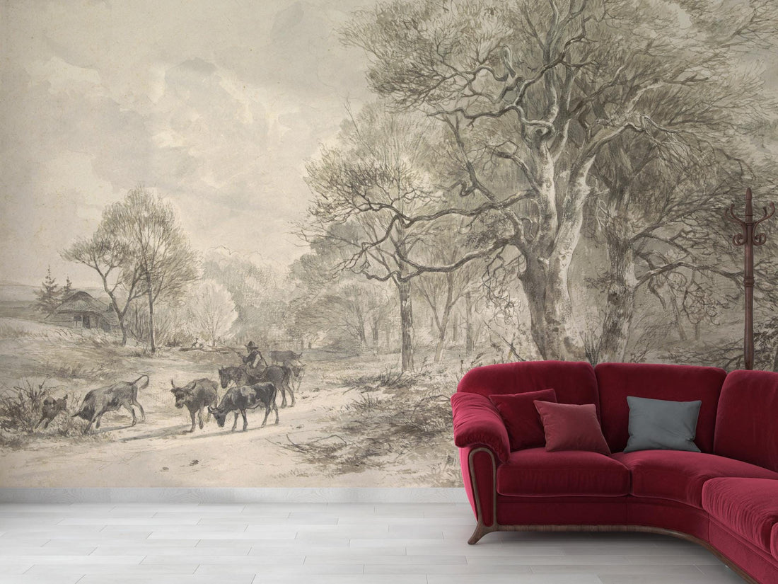 Scenic Wallpaper, Tree Landscape Watercolor, Peel and Stick Wallpaper, Rural Wallpaper, Serene Countryside Wall Mural, Home Decor