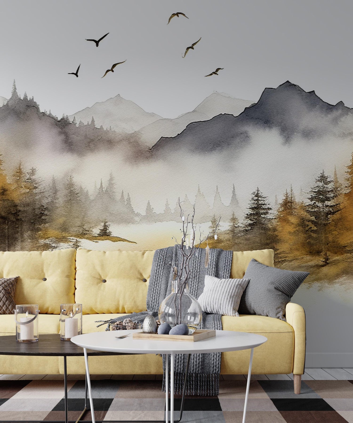 Mountain Landscape Wall Mural, Misty Sky Wallpaper, Bird and Tree Forest Wallpaper, Home Decor, Foggy Forest Wallpaper Peel and Stick