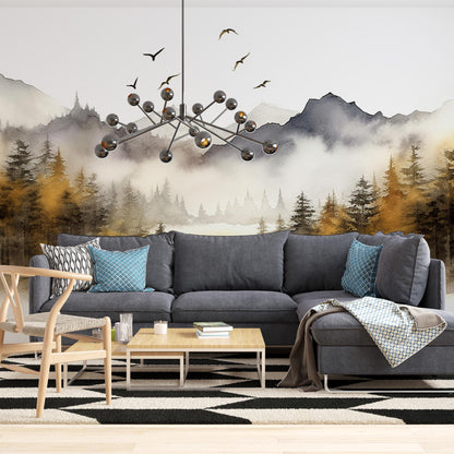 Mountain Landscape Wall Mural, Misty Sky Wallpaper, Bird and Tree Forest Wallpaper, Home Decor, Foggy Forest Wallpaper Peel and Stick