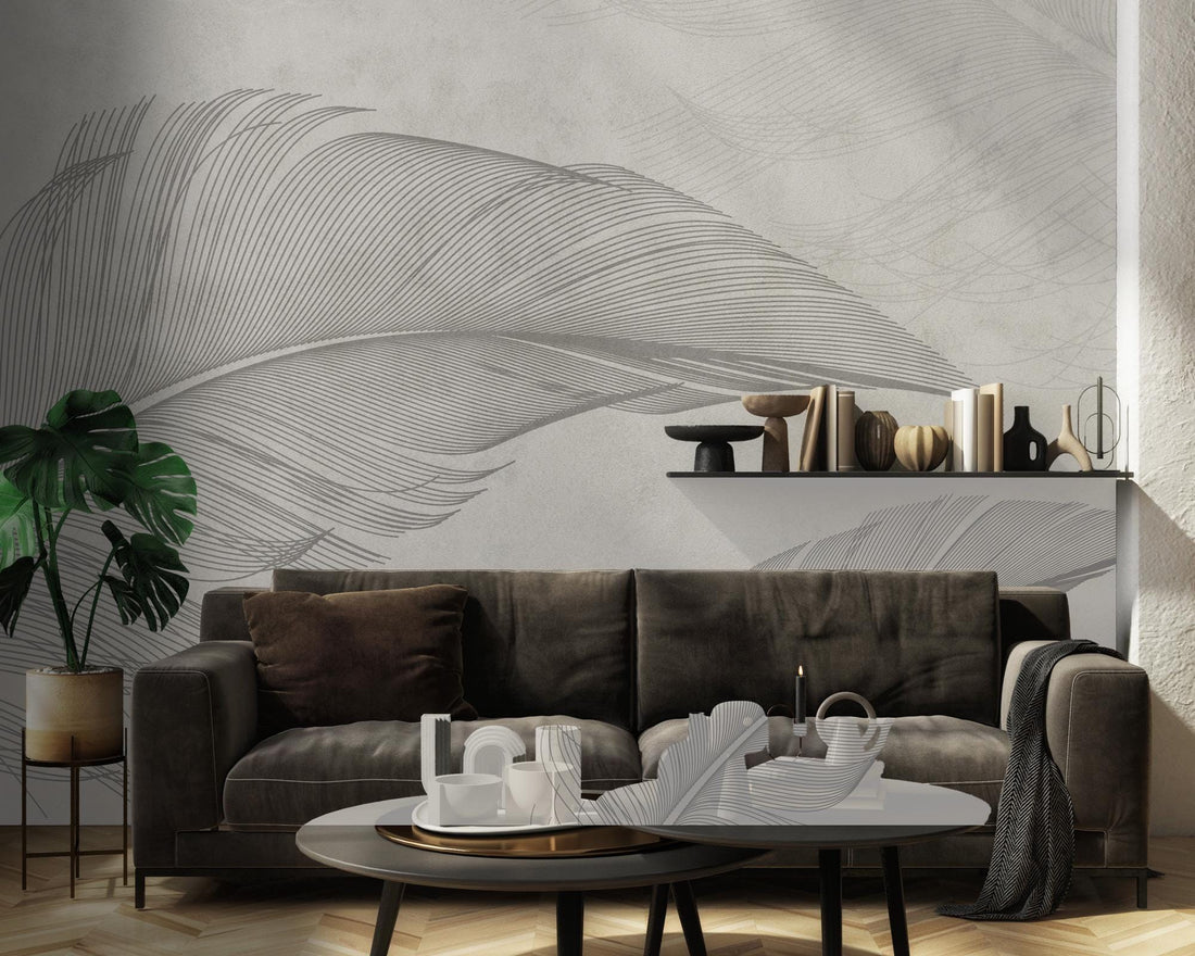 Grey Background Leaves Wallpaper, Bird Feather Wallpaper, Peel and Stick Mural, Home Decor, Vintage Wallpaper Mural