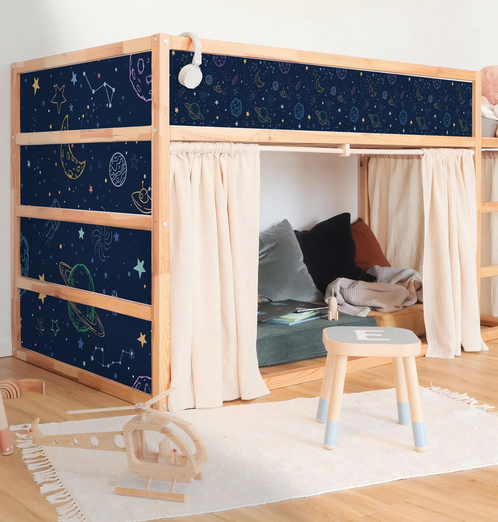 Space Planets and Stars Kura Bed Sticker, Ikea Kura Bed Decals for Boys Bedroom, Peel and Stick Furniture Bed Decals for Kids Room Decor