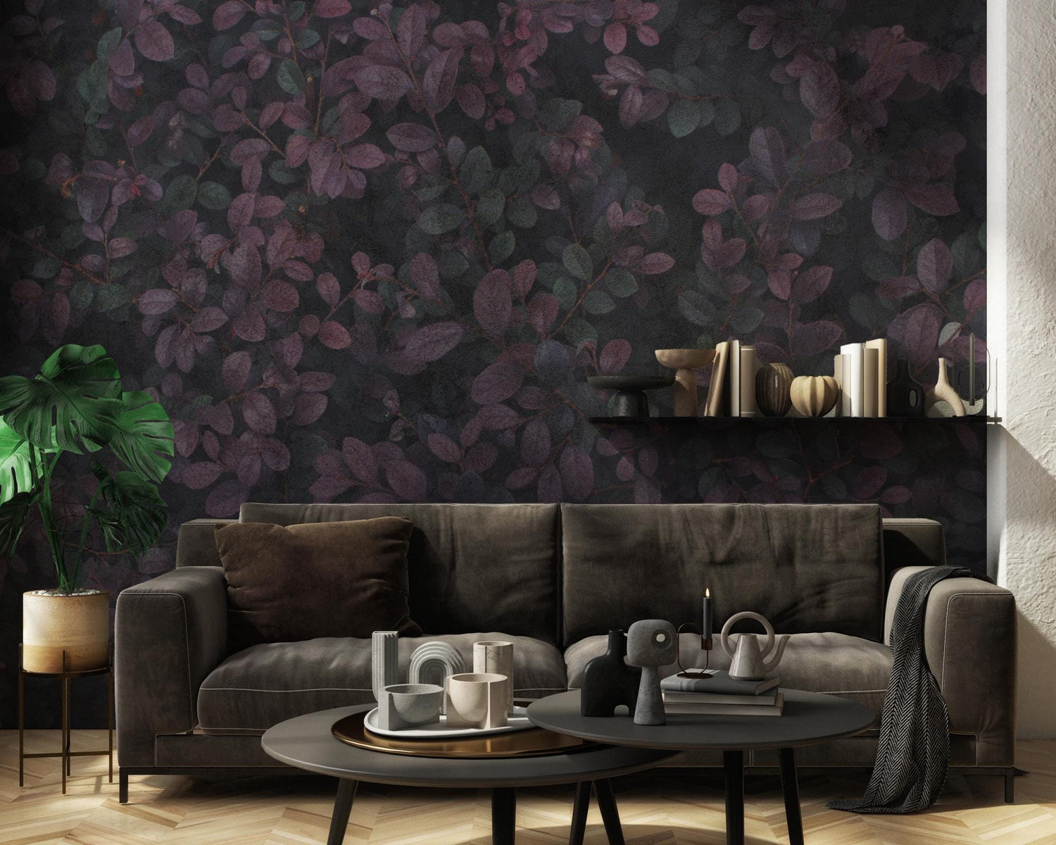 Dark Purple Small Leaf Branches Wallpaper, Removable Wallpaper, Peel &amp; Stick Wallpaper, Floral Wallpaper, Home Decor